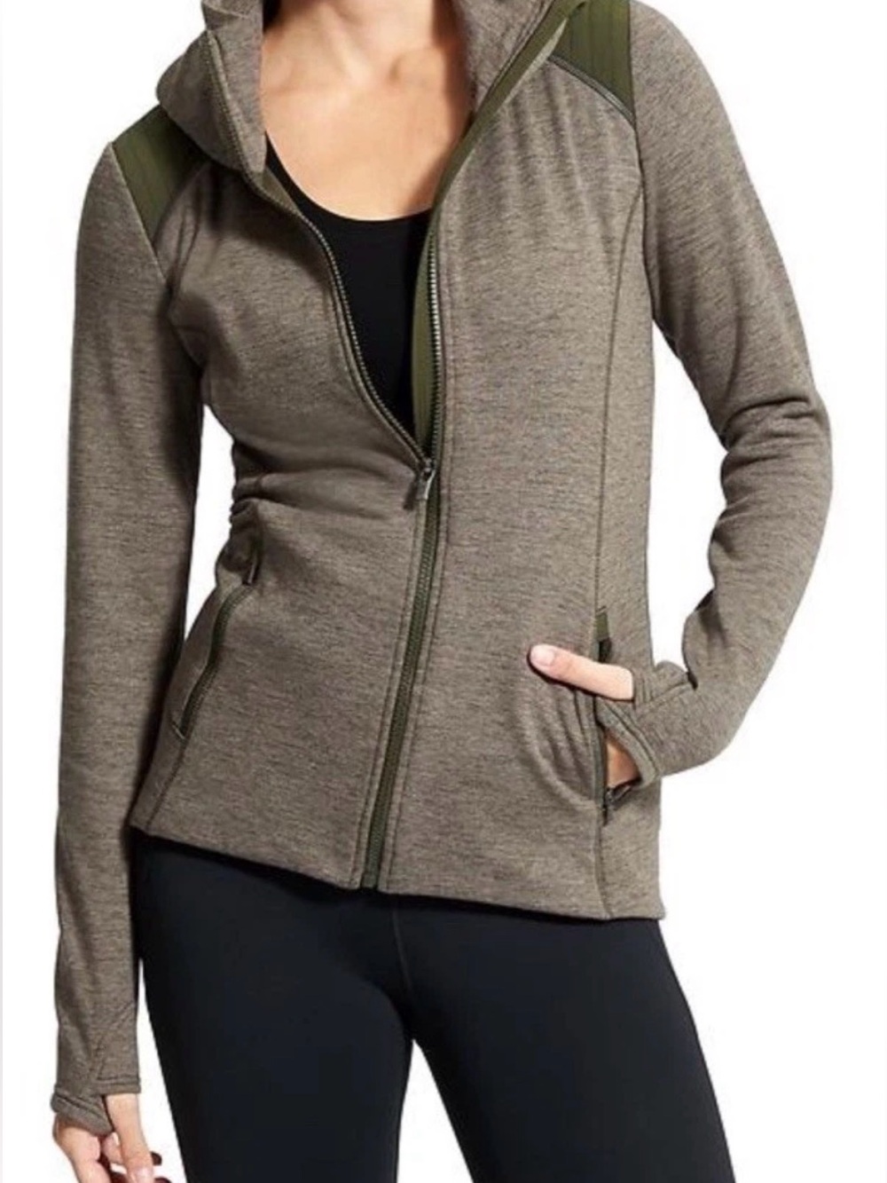 Athleta Stronger Full Zip Hoodie Jacket Forest Green Heather Fleece Lined Size M